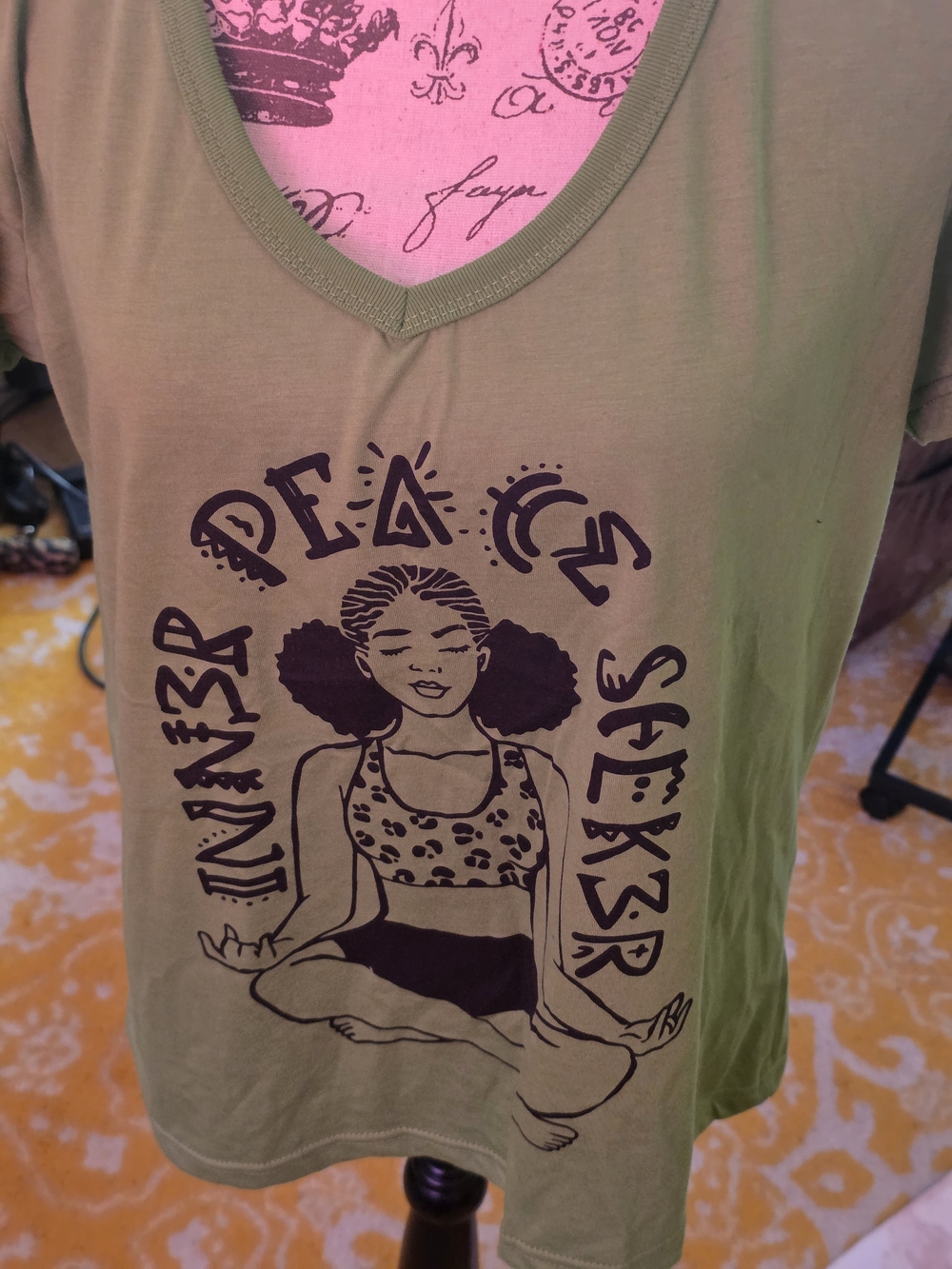 Peace Seeker Olive Green V-Neck Graphic Tee